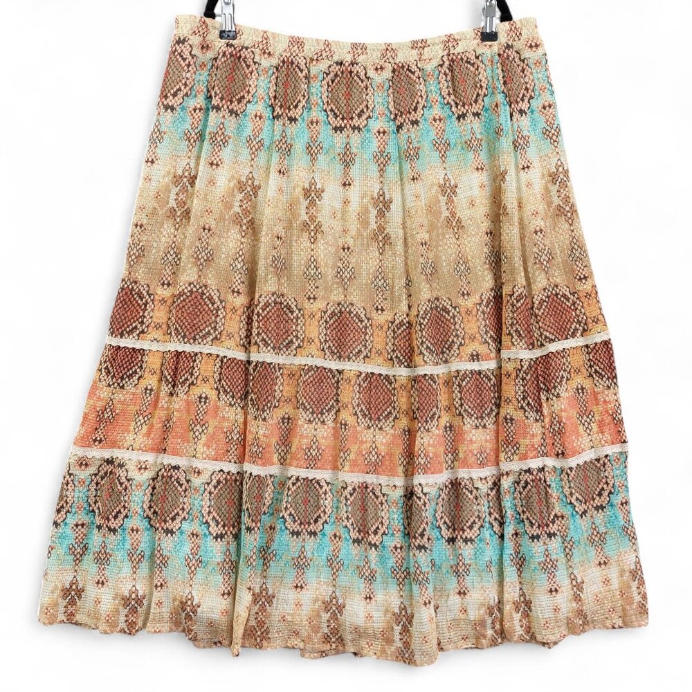 Reba Skirt Sz 2X Brown Blu Maxi Full Lined Flared Southwest Prairie Core Western